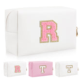 Personalized Initial Letter Patch Makeup Bag, Preppy Portable Chenille Letter Cosmetic Bag with Zipper, PU Leather Waterproof Travel Toiletry Bag Monogram Make Up Pouch for Women Girls(Letter R)